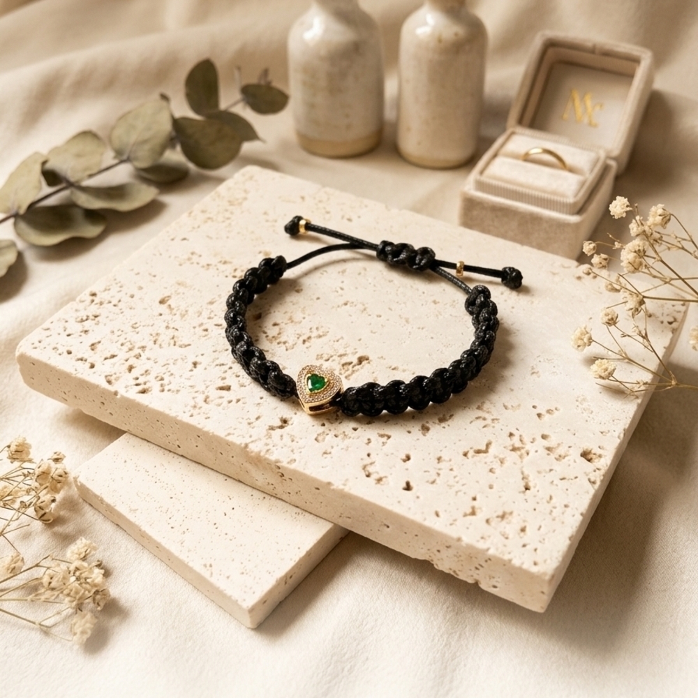 Adjustable Black Braided Bracelet with Green Heart Charm